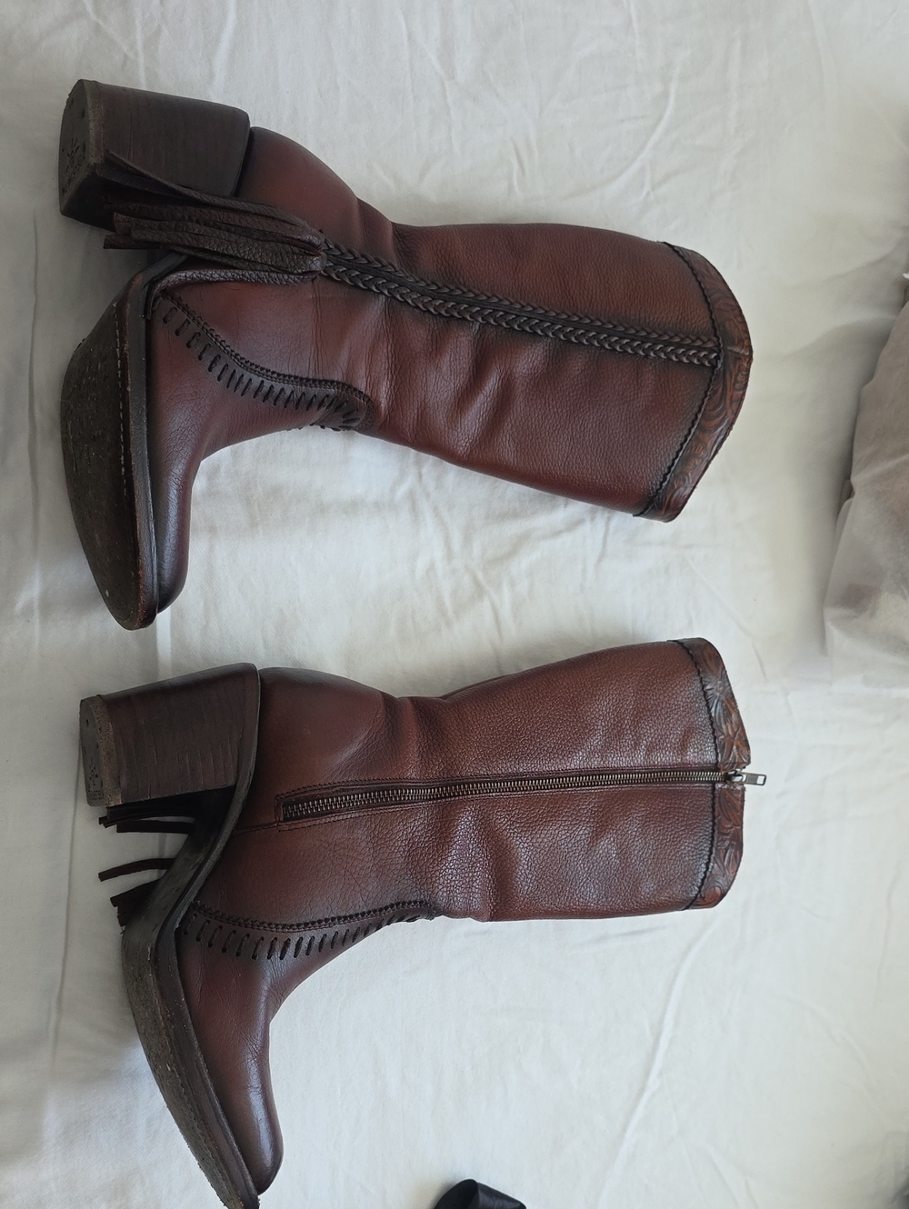 Brown Leather Mid-Calf Heeled Boots with Braided Trim